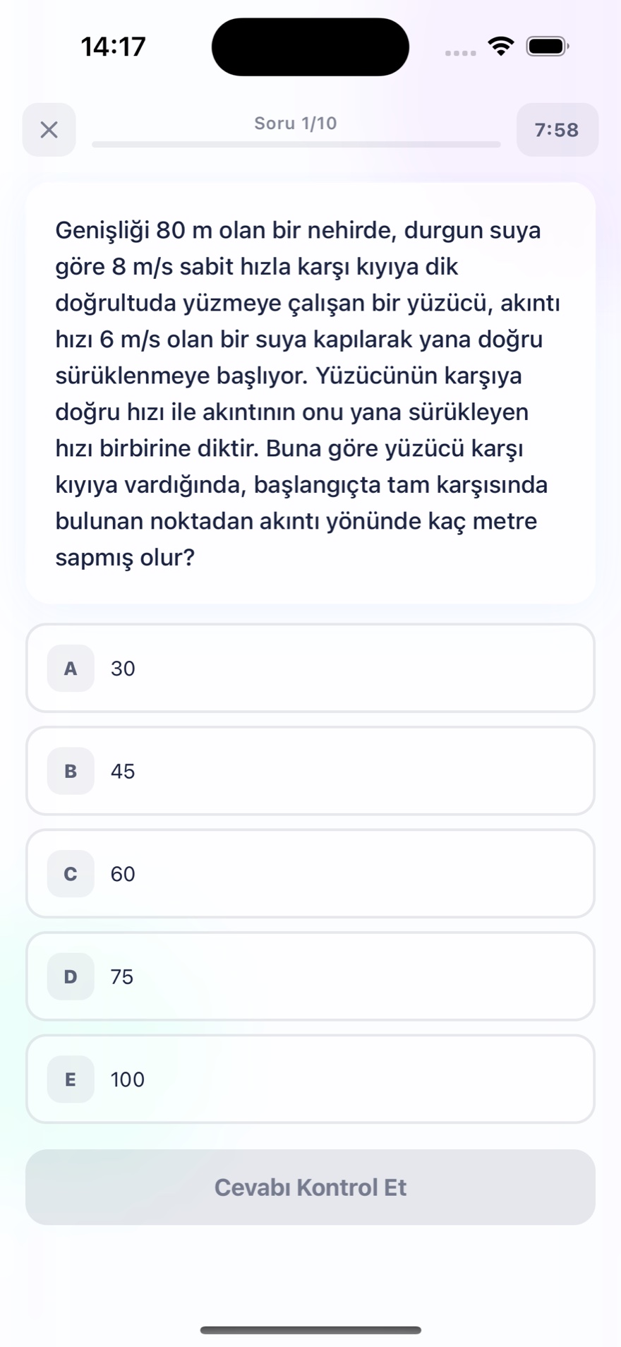 Süreli AYT sorusu — nehirde karşı kıyıya yüzen yüzücü bağıl hareket problemi, beş şık
