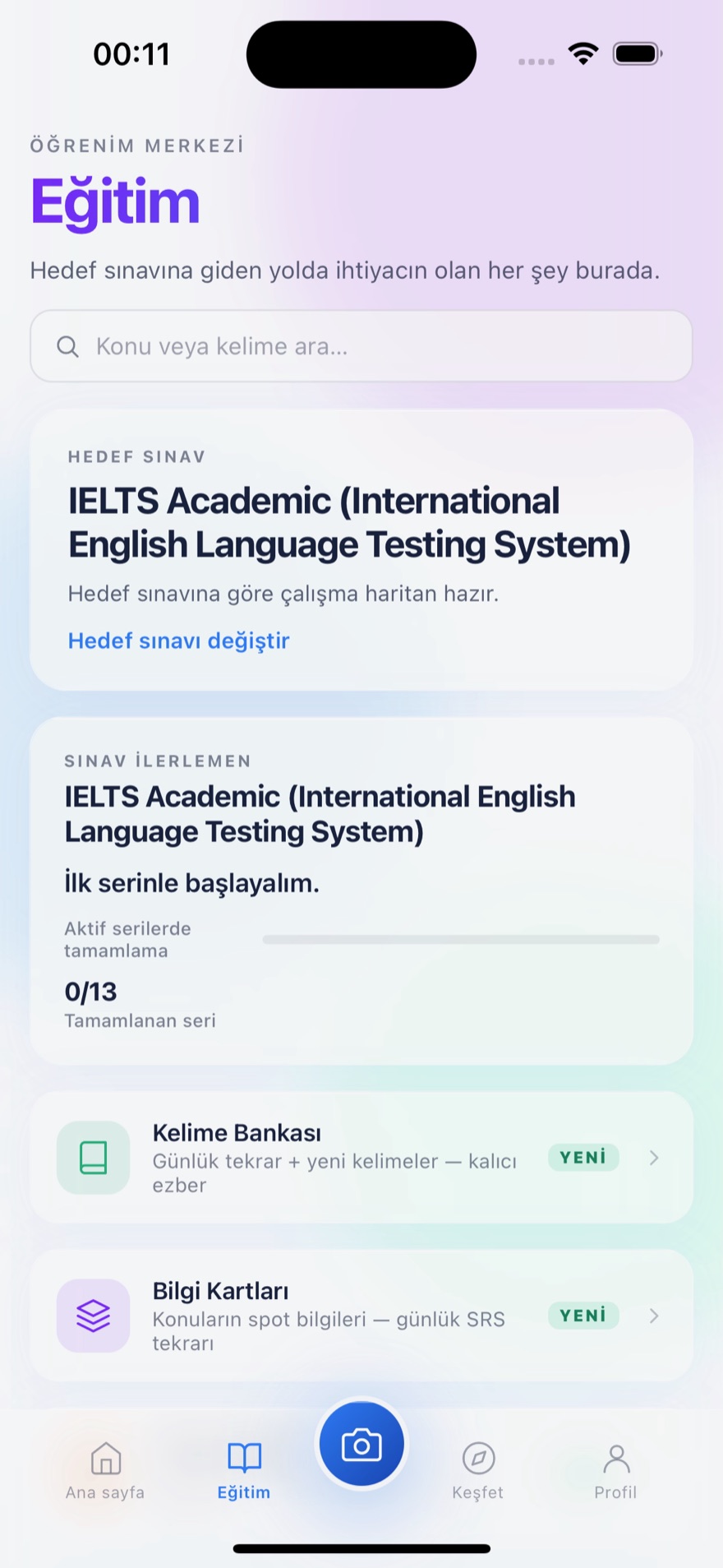 IELTS Academic hedef sınav ekranı ve kelime bankası