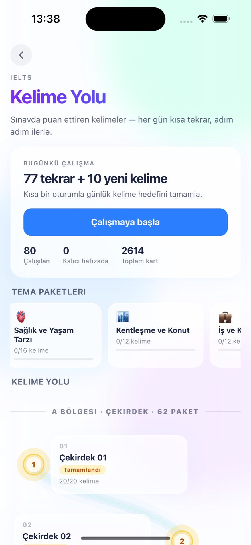 IELTS Kelime Yolu — günlük hedef ve tema paketleri: Sağlık ve Yaşam Tarzı, Kentleşme ve Konut, İş ve Kariyer