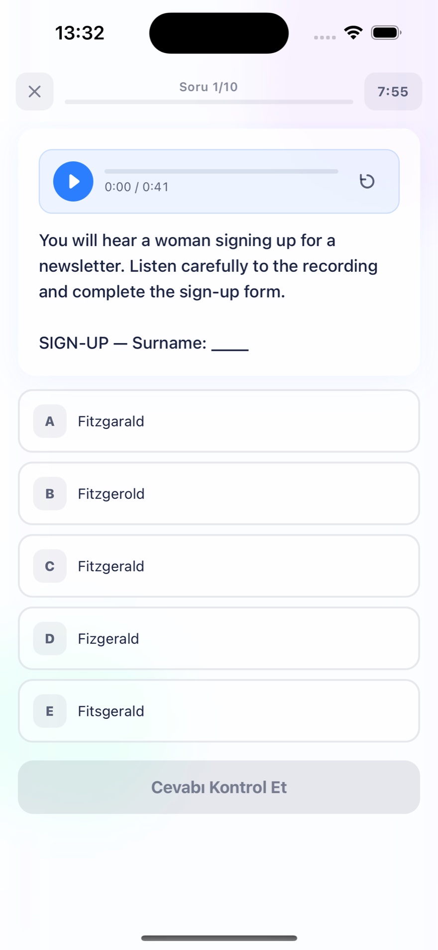 Listening form completion sorusu — ses oynatıcı, sign-up formu ve yazım çeldiricili şıklar