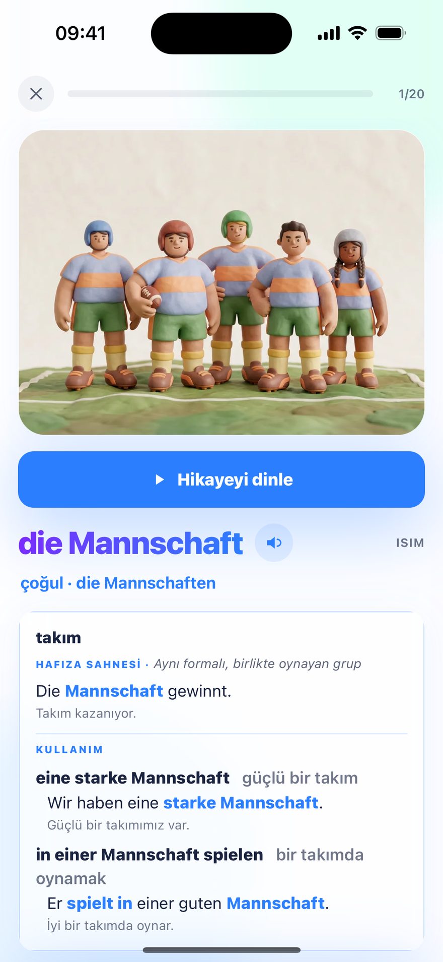 Almanca kelime kartı — die Mannschaft: görsel, sesli telaffuz, çoğul ve örnek cümleler