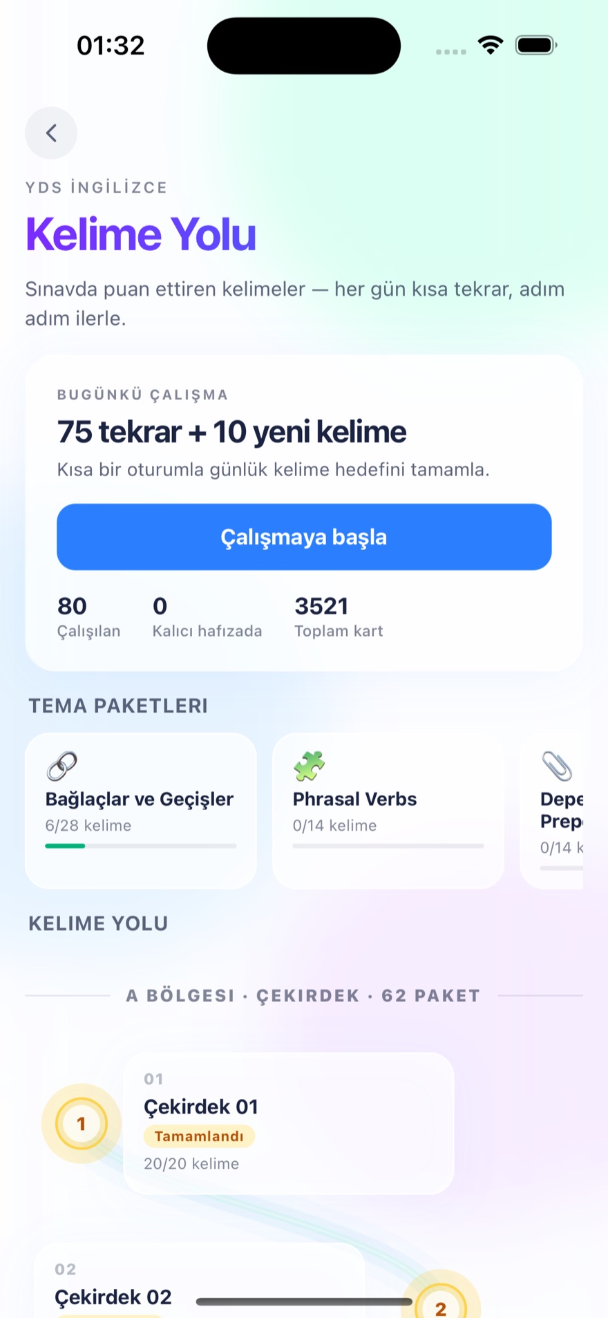 YDS Kelime Yolu — günlük tekrar hedefi ve tema paketleri
