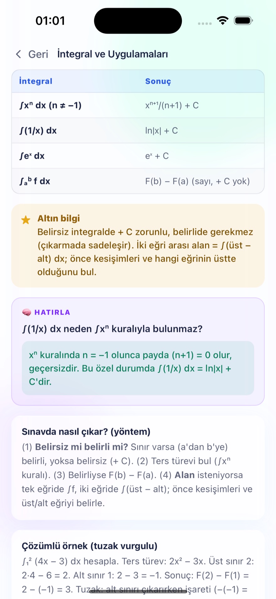 İntegral konu anlatımı — formül tablosu ve altın bilgi kartları