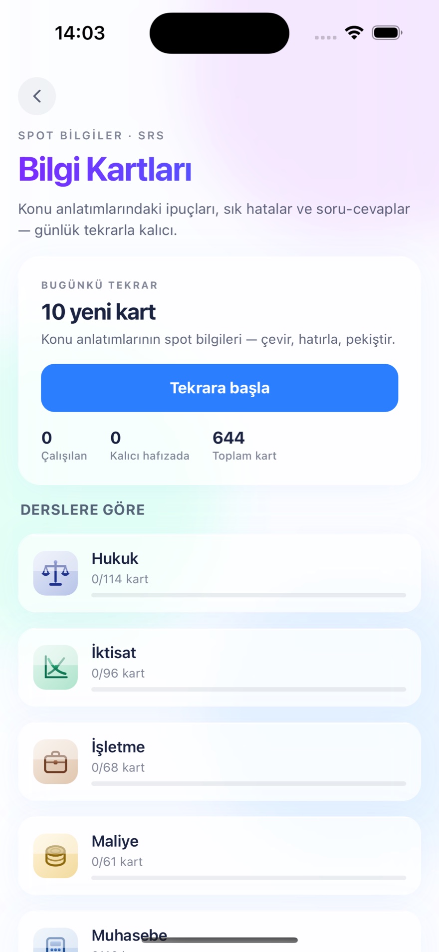 Bilgi Kartları — SRS spot bilgiler, derslere göre Hukuk, İktisat, İşletme, Maliye, Muhasebe kart sayıları