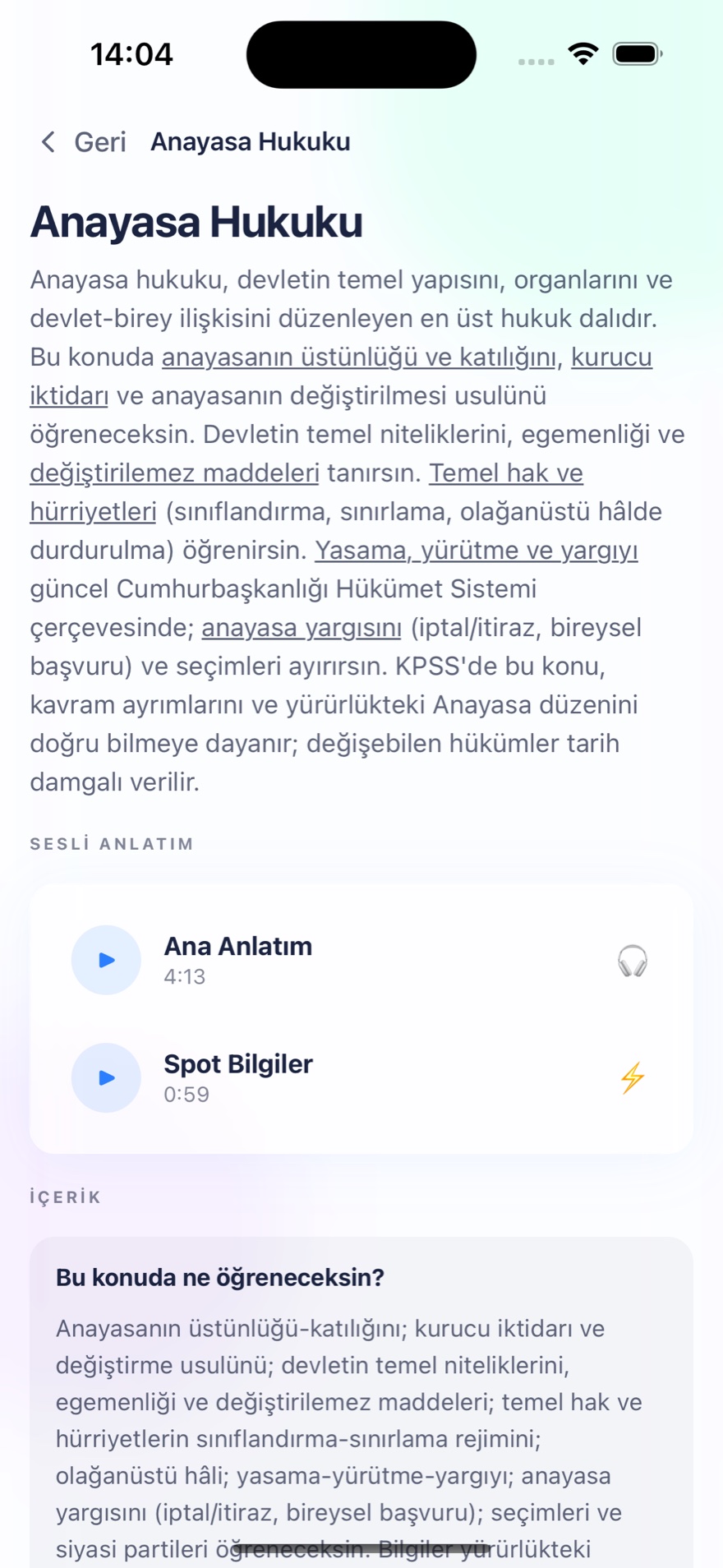 Anayasa Hukuku konu anlatımı — Ana Anlatım ve Spot Bilgiler ses oynatıcıları, kavram vurgulu metin