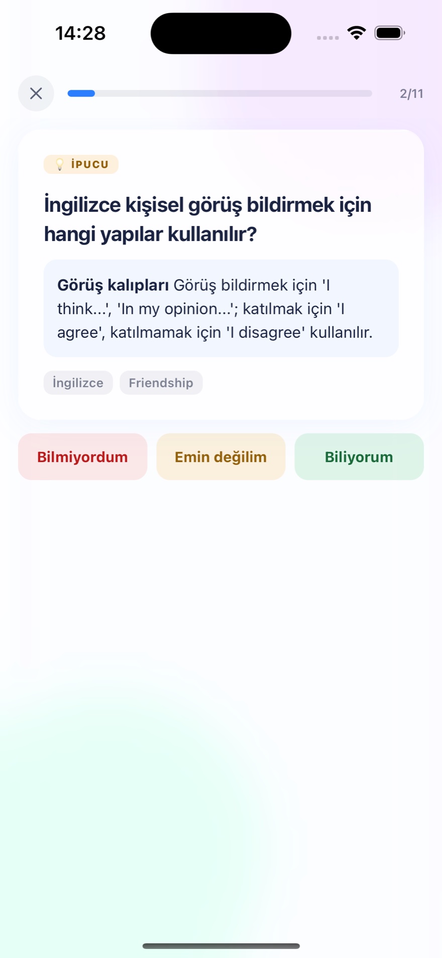 Bilgi kartı — İngilizce görüş bildirme ipucu ve Biliyorum, Emin değilim, Bilmiyordum seçenekleri