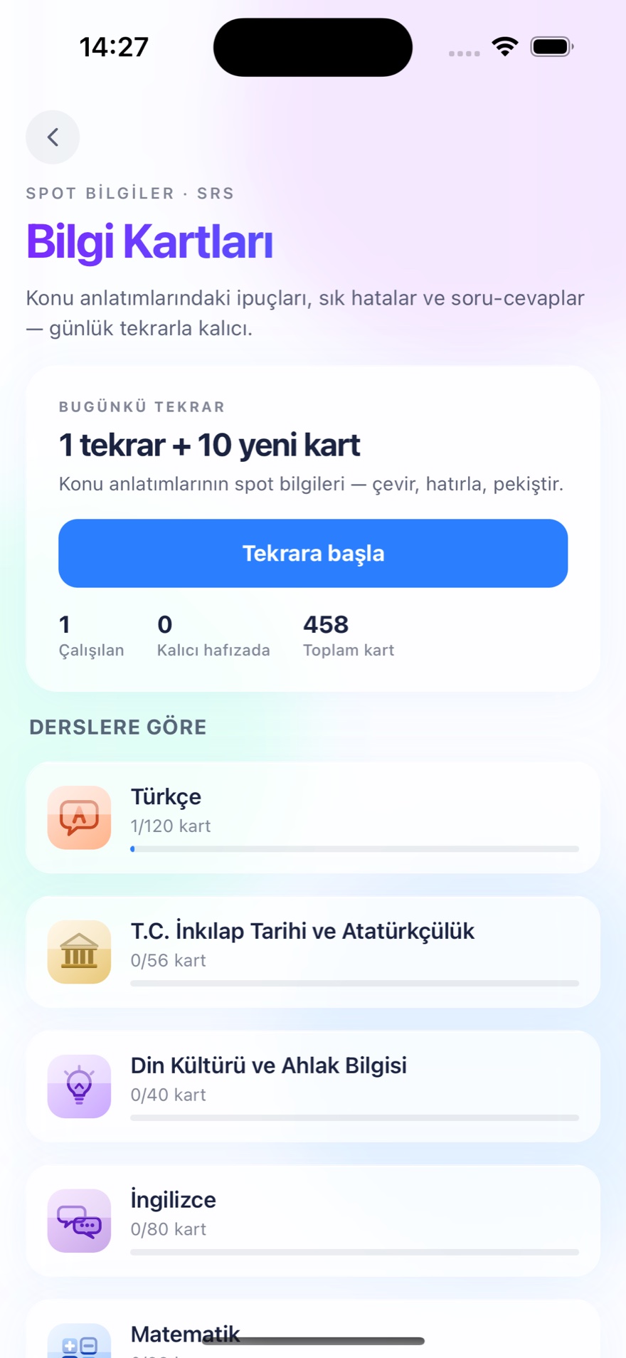 Bilgi Kartları — SRS spot bilgiler, derslere göre Türkçe, İnkılap Tarihi, Din Kültürü, İngilizce, Matematik
