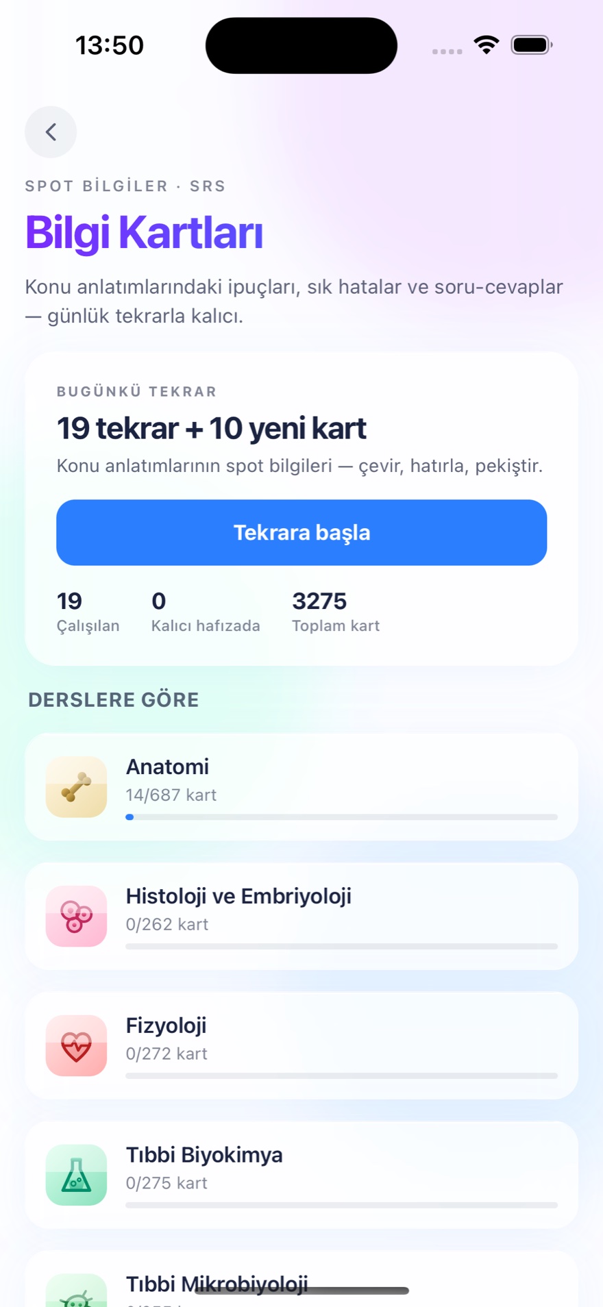Bilgi Kartları — SRS spot bilgiler, derslere göre Anatomi, Histoloji, Fizyoloji, Biyokimya kart sayıları