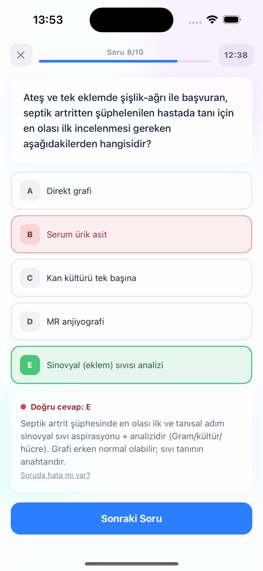 Süreli TUS sorusu — septik artrit vaka sorusu, beş şık ve doğru cevap açıklaması