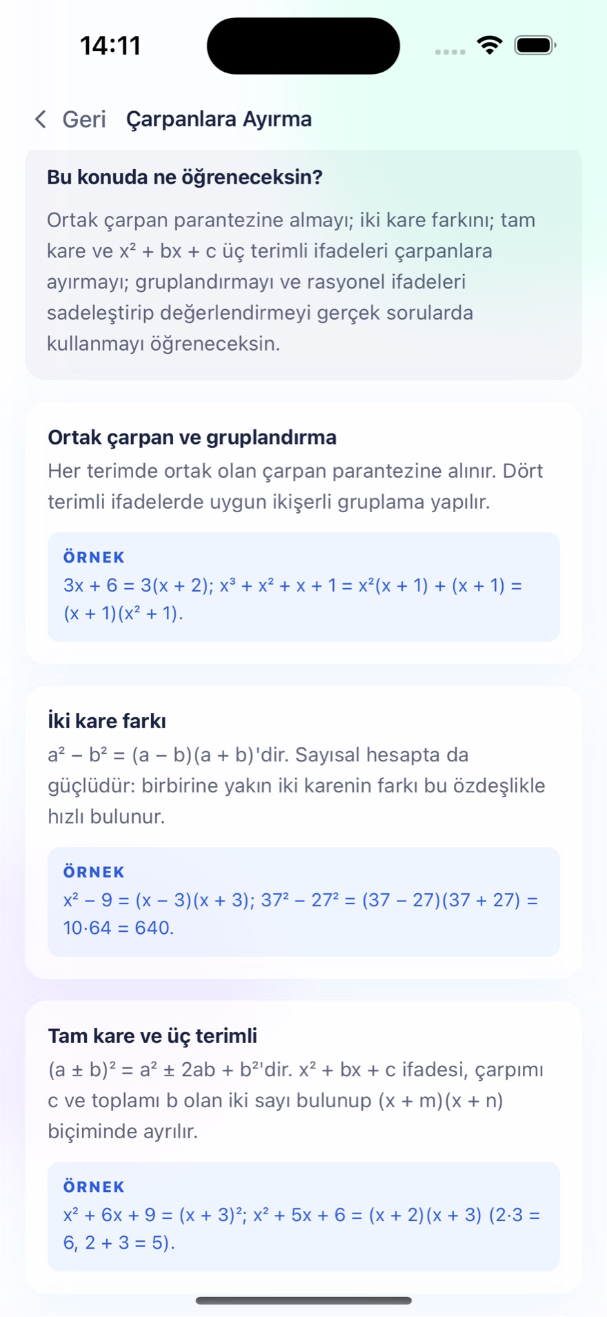 Çarpanlara Ayırma konu anlatımı — ortak çarpan, iki kare farkı, tam kare üç terimli örnekleriyle
