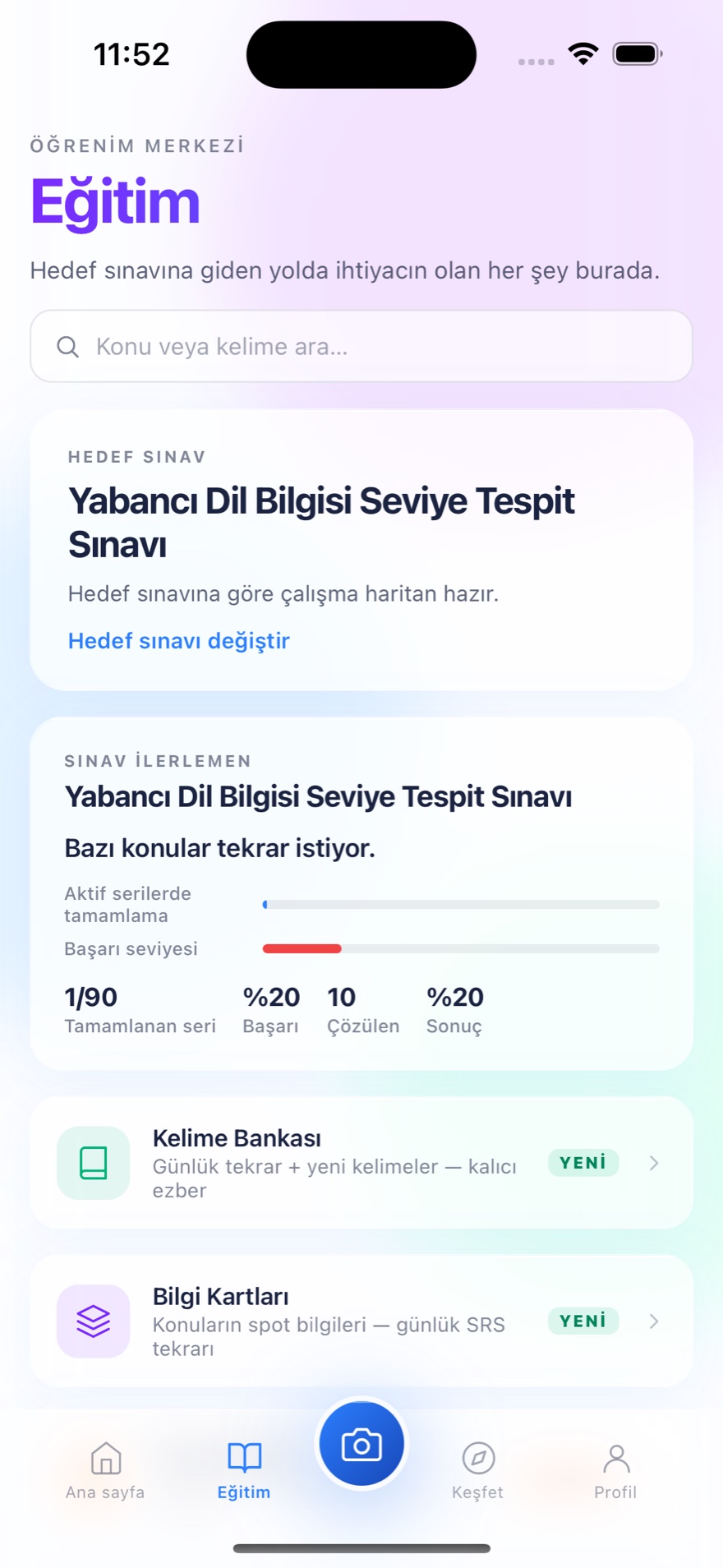Sorvia Eğitim merkezi — hedef sınav YDS, sınav ilerlemesi, kelime bankası ve bilgi kartları