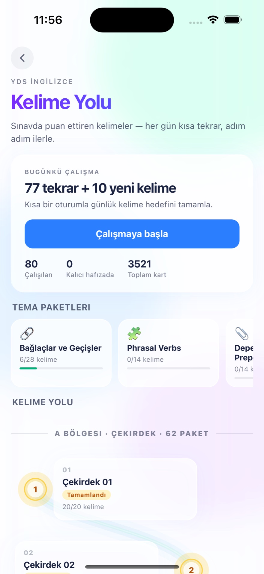 Kelime Yolu — bugünkü çalışma hedefi, tema paketleri ve çekirdek kelime paketleri