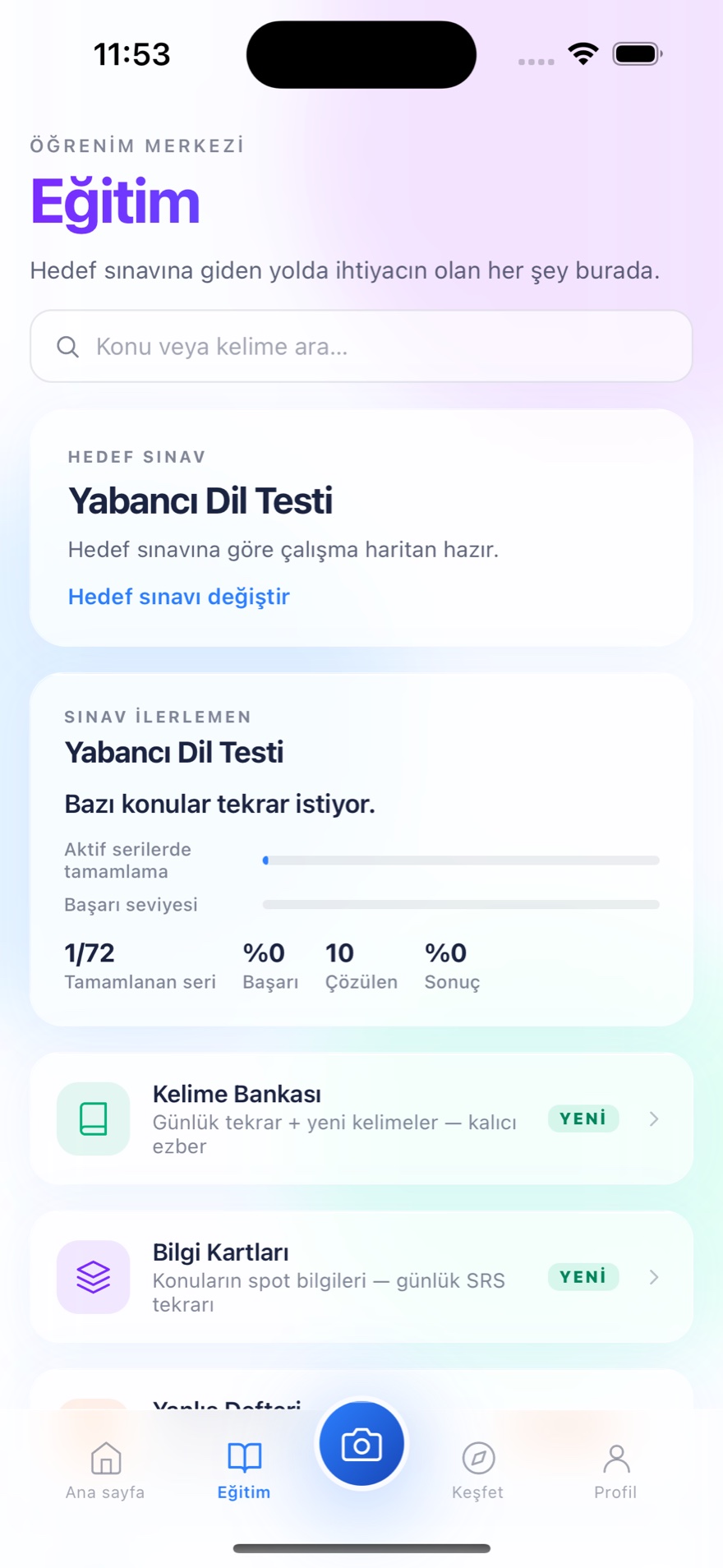 Sorvia Eğitim merkezi — hedef sınav Yabancı Dil Testi, sınav ilerlemesi, kelime bankası ve bilgi kartları