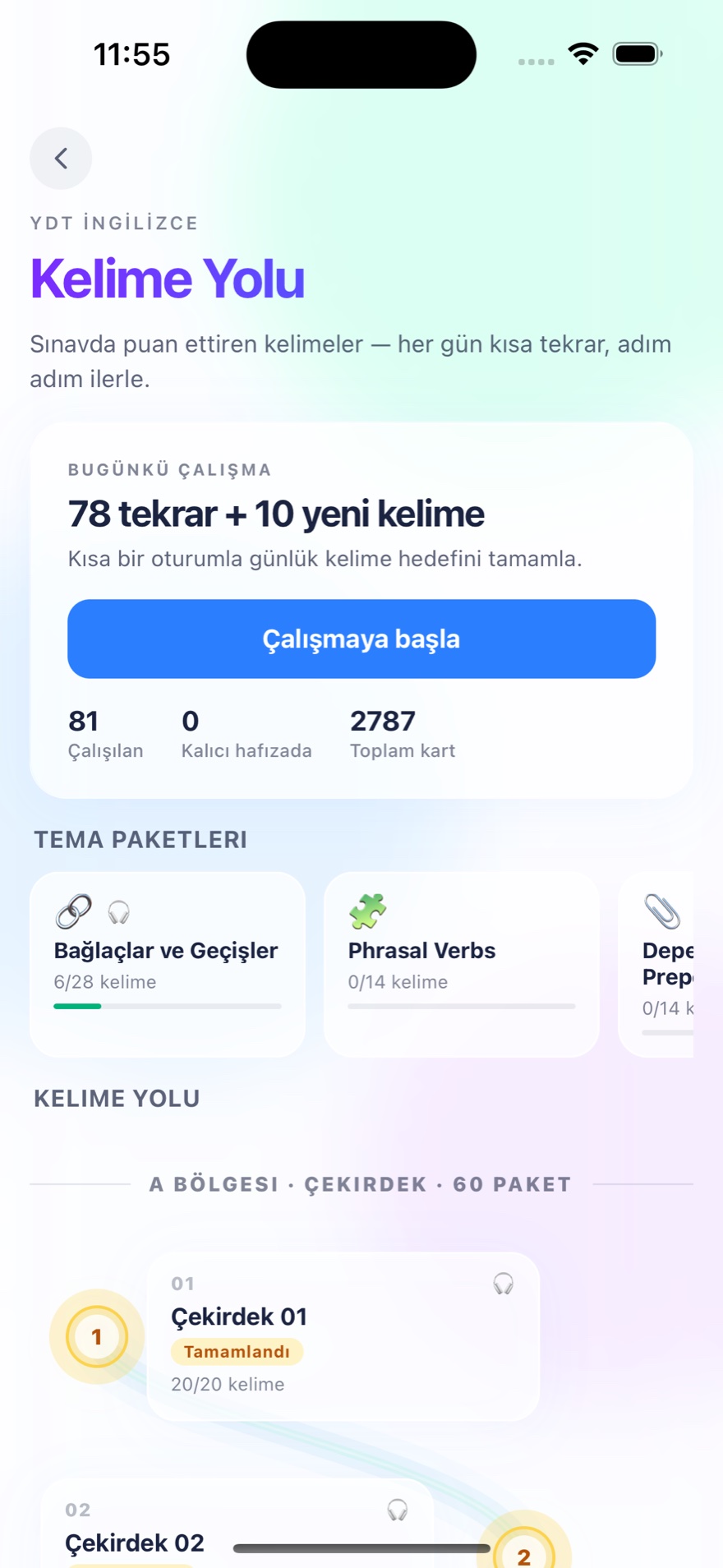 YDT Kelime Yolu — günlük hedef ve tema paketleri