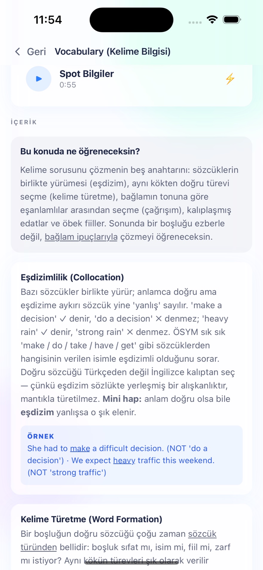 Vocabulary konu anlatımı — Spot Bilgiler ses oynatıcısı, eşdizimlilik anlatımı ve örnek cümle